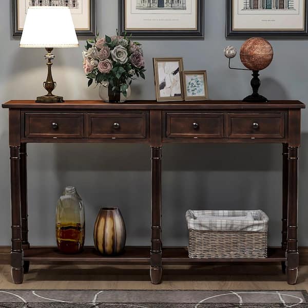 Harper & Bright Designs 58 in. Espresso Standard Rectangle Wood Console Table with Drawer