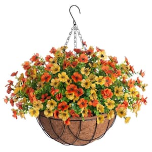 19.7 in. Orange Artificial Hanging Flowers Outdoors Indoors, Fake Orchid in Basket