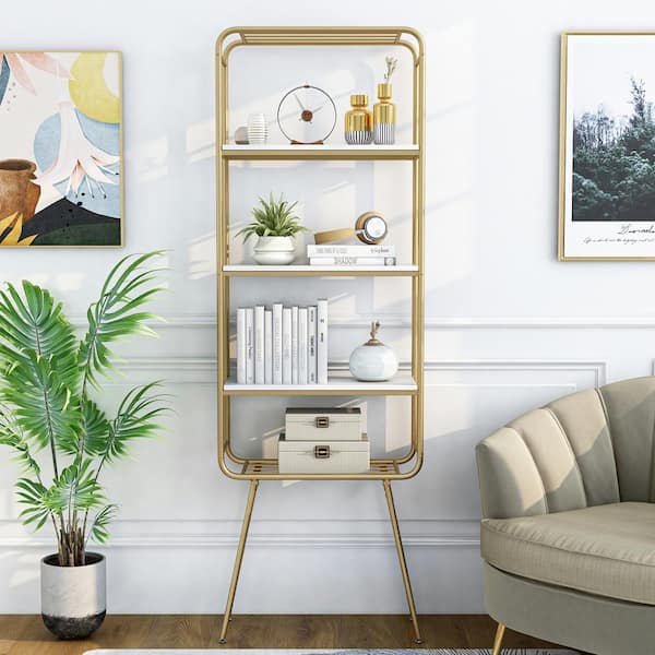 Ellerbe 23.63 in. Wide High Gloss White and Gold 4-Shelf Standard Bookcase