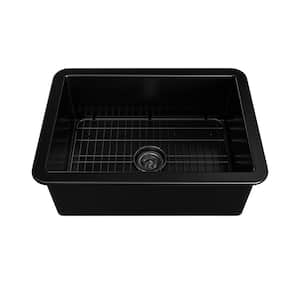 27 in. Undermount Single Bowl Matte Black Fireclay Kitchen Sink with Draining Grid and Drain Accessories