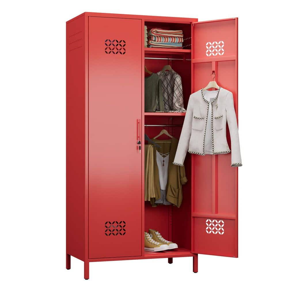 33 in. W x 71 in. H x 20 in. D Red Metal Freestanding Storage Cabinet,Lockable Locker w/ 4-Shelves and 2-Hannging Rod