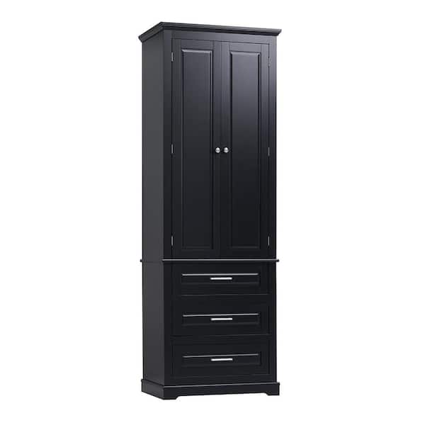 Unbranded 24 in. W x 16 in. D x 70 in. H Black MDF Freestanding Linen Cabinet with Shelf and 3-Drawers