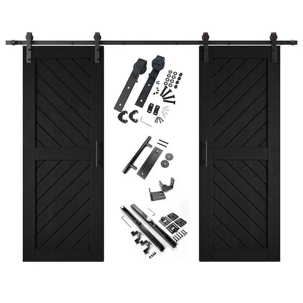 XT4 26 in. x 80 in. C-Panel Black Slanted Stripe Design Double Pine Wood Sliding Barn Door with Hardware Kit
