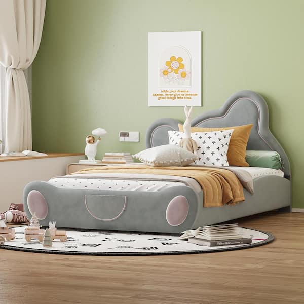 Harper & Bright Designs Gray Wood Frame Twin Velvet Upholstered Platform Bed with Bear-Shaped Headboard and Footboard, Bed-End Storage Pocket