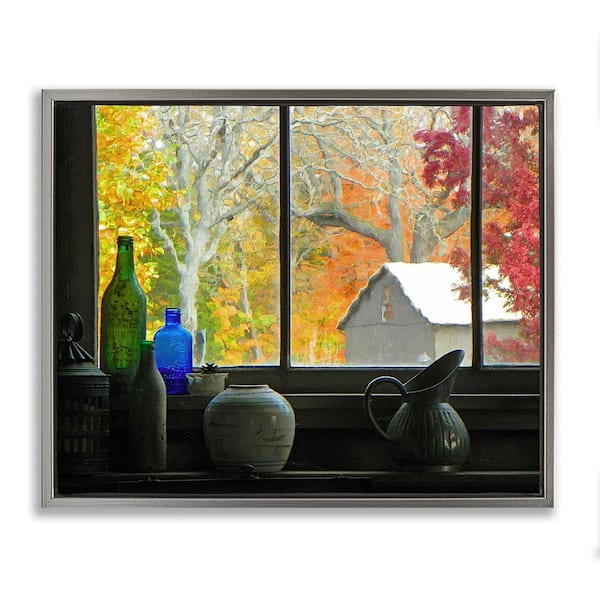 Stupell Industries Fall Foliage in Window by GraffiTee Studios 1-Piece Floater Frame Graphic Print Nature Poster Art Print 31 in. x 25 in.
