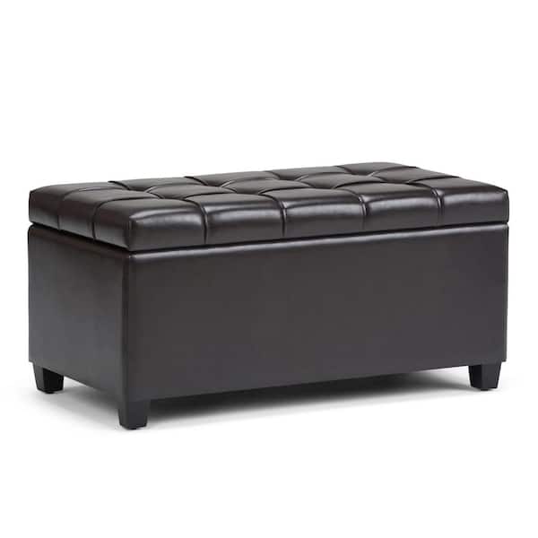 Simpli Home Sienna 33 in. Wide Transitional Rectangle Storage Ottoman Bench in Tanners Brown Vegan Faux Leather