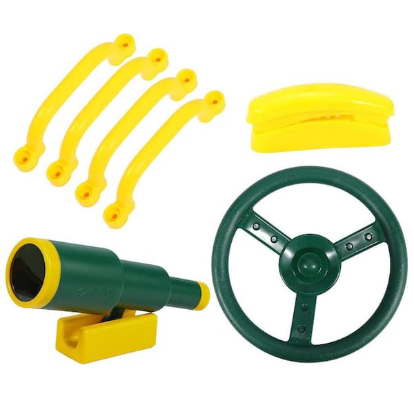 Playground Accessories Set for Kids Outdoor Swing Set Pirate Wheel Telescope Telephone Safety Handles Yellow Green