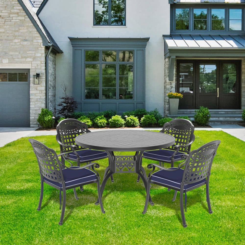 5-Piece Set Cast Aluminum Outdoor Dining Set with Random Colors Cushions
