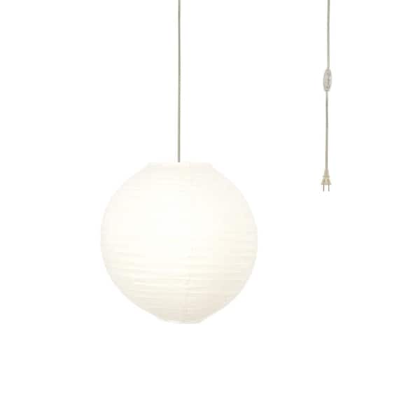 MPG Orb 16 in. 60-Watt 1-Light Ivory Hanging Lantern Pendant-Light with Round Fabric Shade and Silver Plug-in