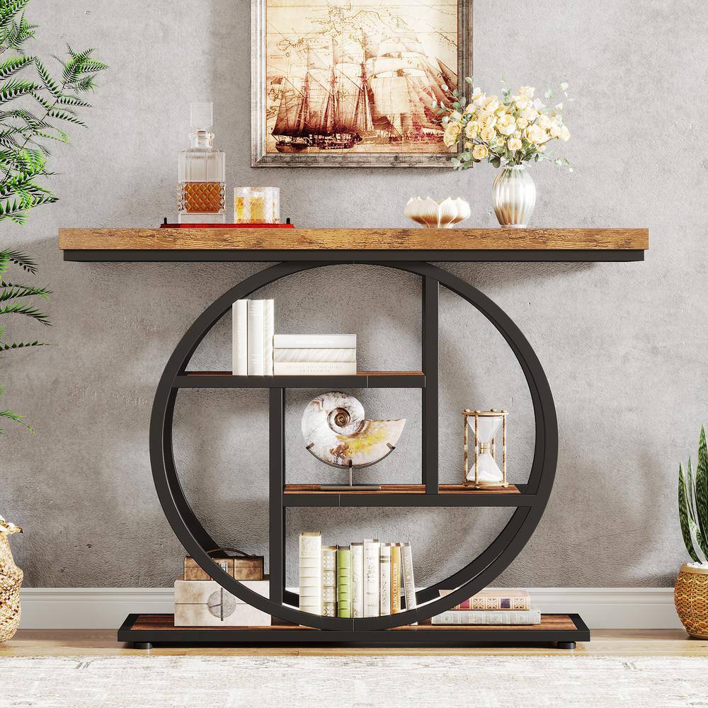 Rustic Brown 41.3" Industrial Wood and Metal Console Table with Storage