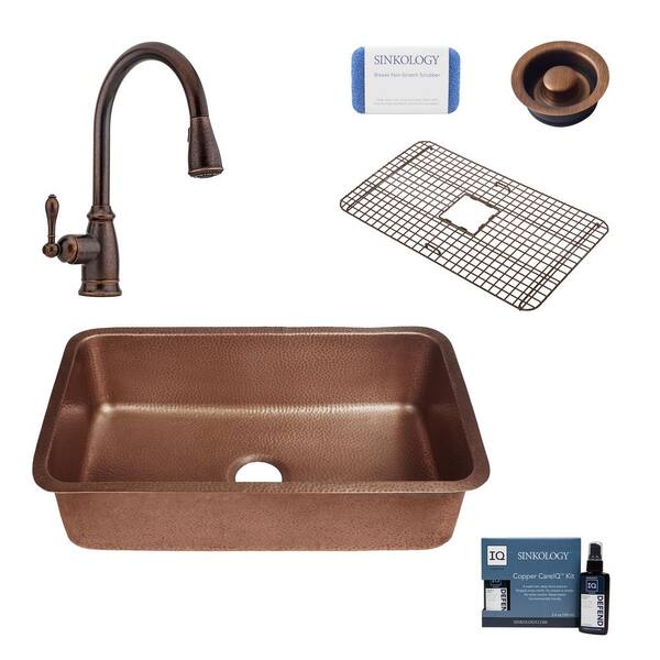 SINKOLOGY Orwell All-In-One Undermount Copper 30 in. Single Bowl Kitchen Sink with Pfister Rustic Bronze Faucet and Drain