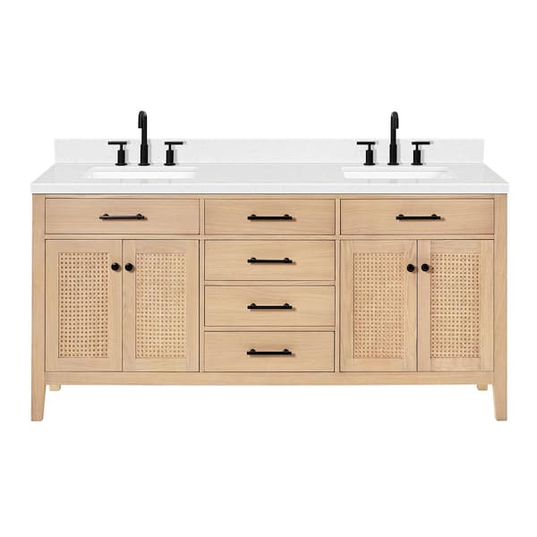 Camila 72 in. W x 22 in. D x 36 in. H Double Rectangle Sink Bath Vanity in White Oak with Carrara White Quartz Top