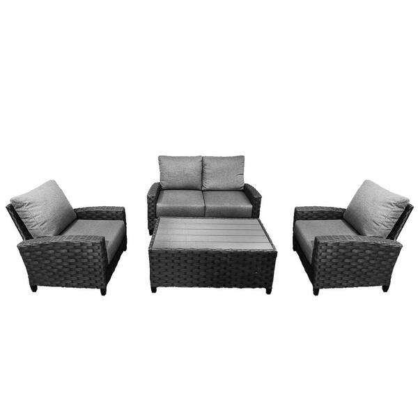 Belize Gray 4 Piece Wicker Patio, 4 Piece Outdoor Wicker Furniture Set With Charcoal Cushions