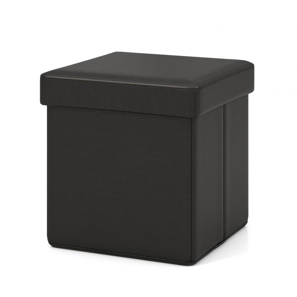 Gymax Black PVC Leather Upholstered Folding Storage Ottoman Square Footstool 10.5 Gallon