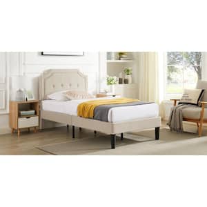 Beige Upholstered Bed Frame, Metal Frame Twin Size with Headboard Platform Bed with Sturdy Wood Slat Support