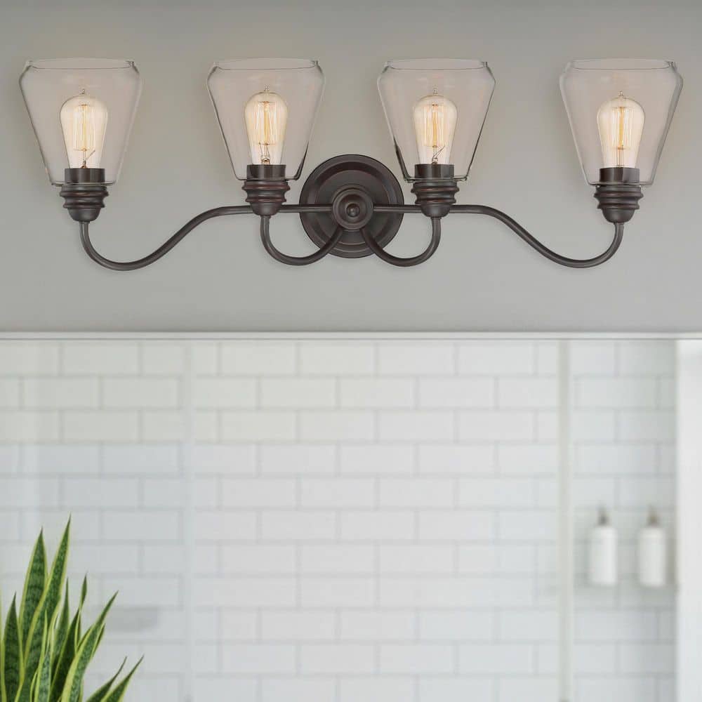 Foundry 32.88 in. 4-Light Satin Bronze Industrial Vanity Light with Clear Glass Shades price history on PriceWatchPro