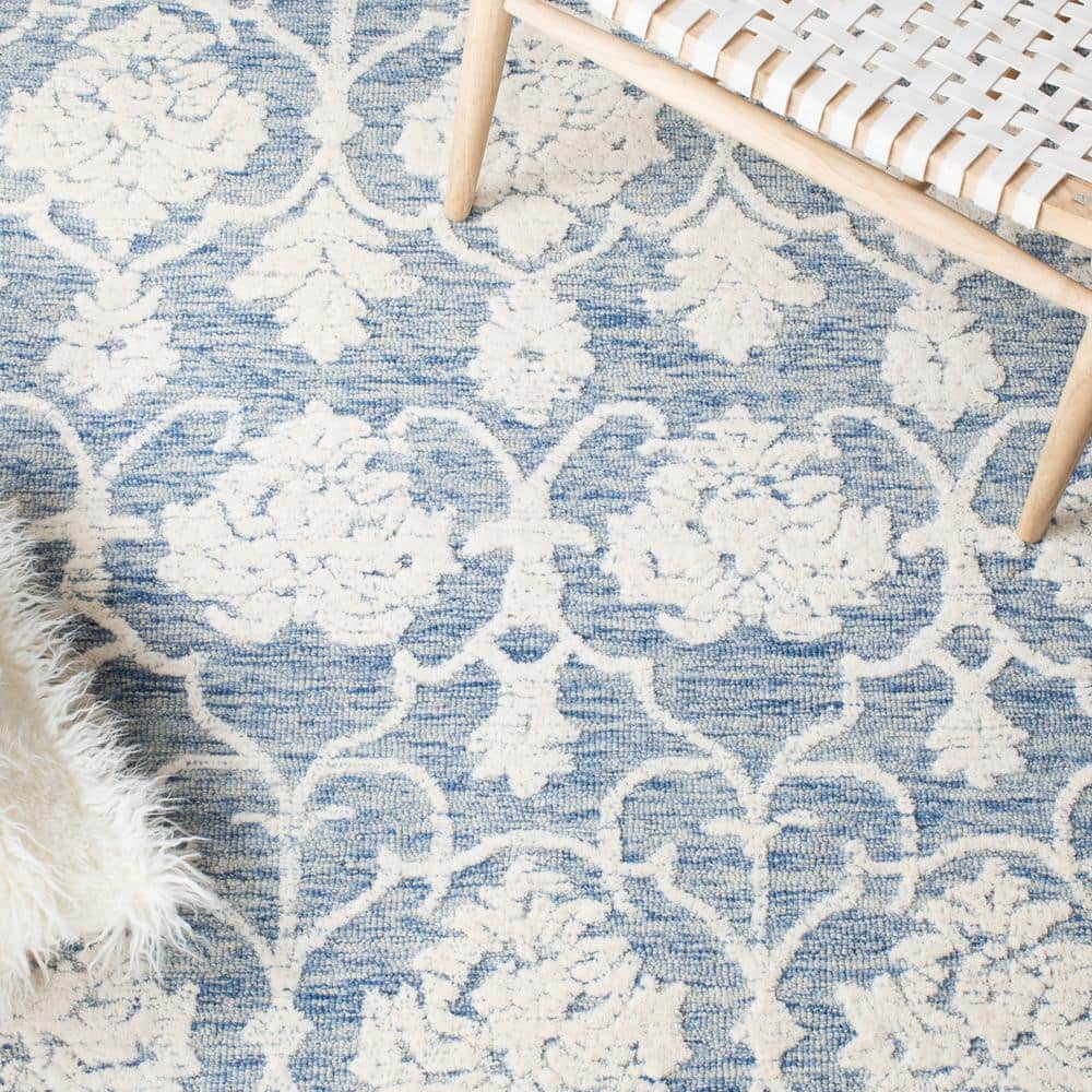 Blue Ivory Floral Hand-Tufted Wool 8' x 10' Area Rug