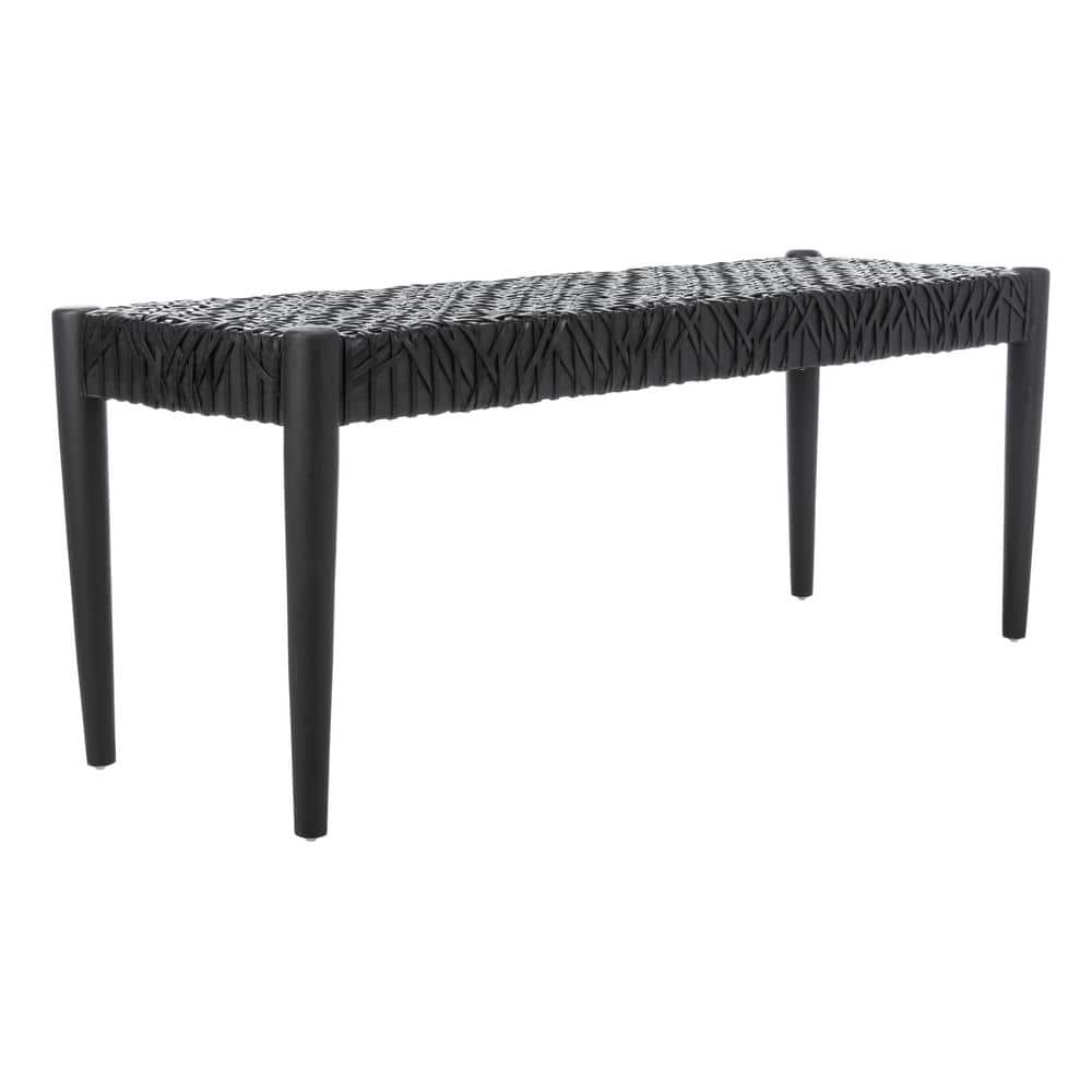 Alpine Elegance Black Cowhide Leather and Teak Bench, 47"