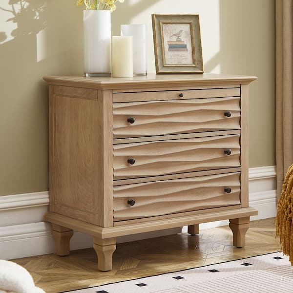 28 in. Modern Natural Wooden 3-Drawer Nightstand with Built-in Charging Station