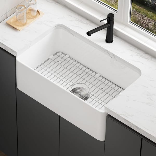 Simple Project 24 in. Undermount Single Bowl Sink White Fireclay Kitchen Sink Included Bottom Grid and Basket Strainer