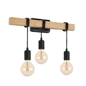 Kingswood 21.65 in. W x 6.85 in. H 3-Light Natural Wood and Black Bathroom Wall Light with Open Bulbs