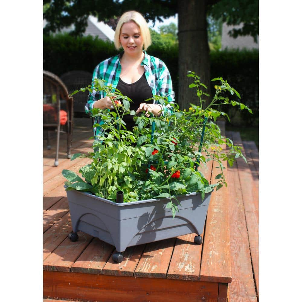 Slate Gray Resin Mobile Raised Garden Bed with Casters