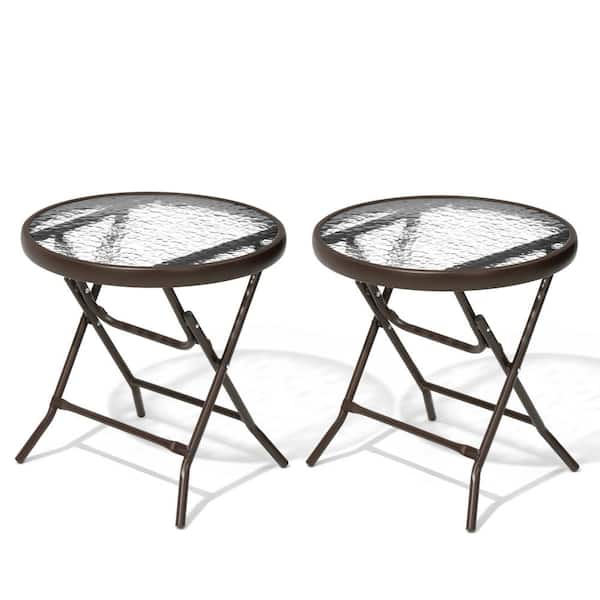 Pellebant Patio Foldable Outdoor Metal Glass Side Table in Brown (2-Pack)