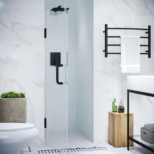 Fellow Series 24 in. x 72 in. H Hinged Frameless Shower Door in Matte Black with Tsunami Guard Tempered Glass
