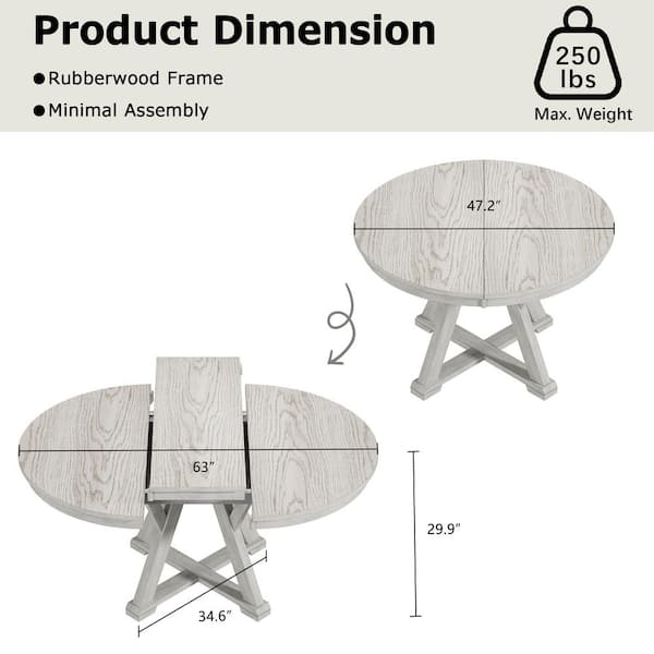 Extendable Round to Oval Dining Table Set with Cushioned Chairs, 7-Piece Solid Wood Kitchen Set Dining Set for 6 in Gray