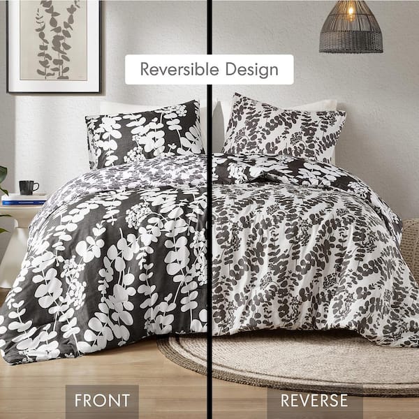 Aria 3-Piece Black Floral Microfiber King/Cal King Reversible Comforter Set