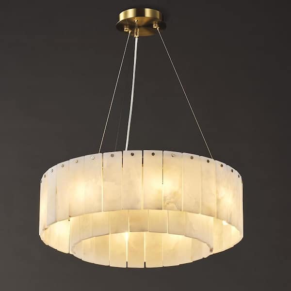 8-Light White Alabaster Chandelier, Modern Round Chandelier for Dining Room, Living Room, Kitchen Island