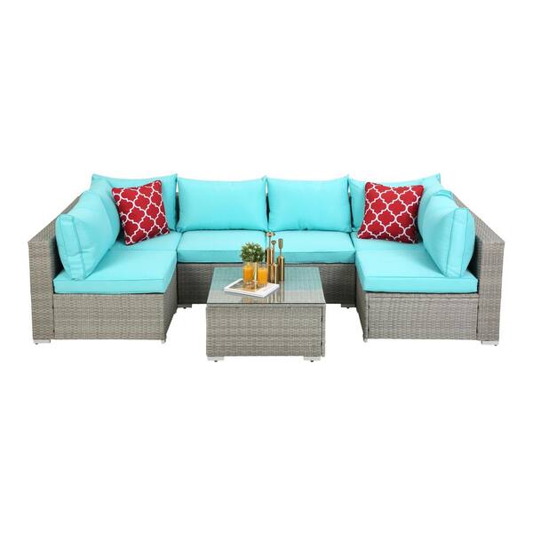 Clihome 7-Piece Blue Polyester Cushions Grey Outdoor Rattan 6-Seats Symmetrical Sectionals Sofa with 2-Pillows and Table
