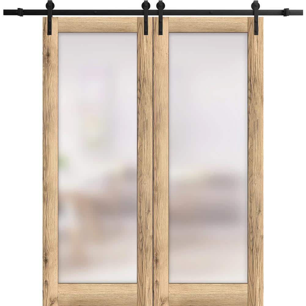 Assemble Required 32 in. x 96 in. 2-Panel Frosted Glass Oak Solid Wood Sliding Barn Door with Hardware Kit price history on PriceWatchPro