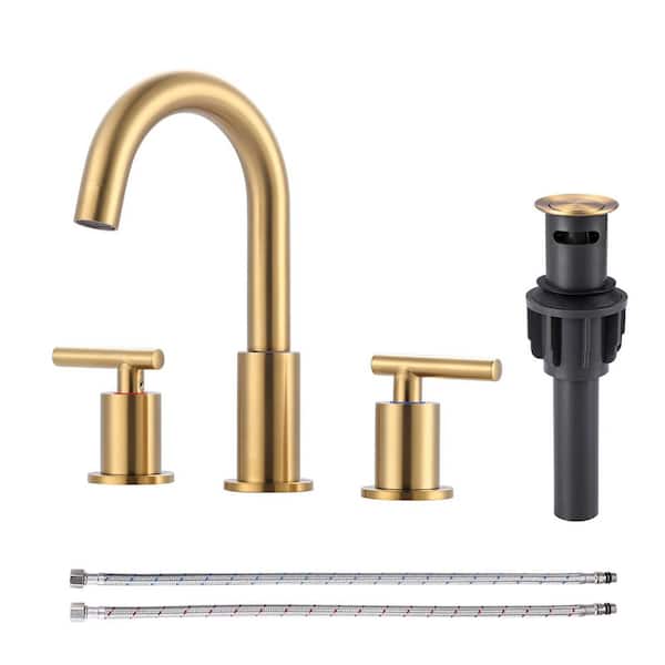 8 in. Widespread Double Handle Bathroom Faucet with Pop Up Drain and Supply Lines in Brushed Gold