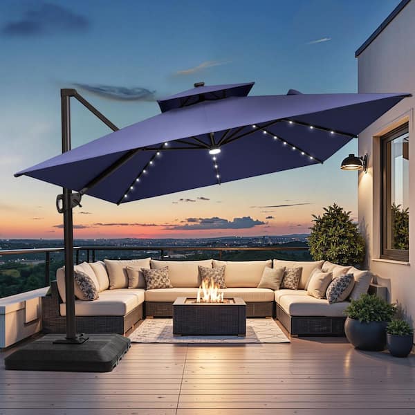 Pellebant 10 ft. x 13 ft. Heavy Duty Outdoor Cantilever Tiltable 360 Rotation Solar LED Lighted Patio Umbrella in Navy and Base Pellebant 10 ft. x 13 ft. Heavy Duty Outdoor Cantilever Tiltable 360 Rotation Solar LED Lighted Patio Umbrella in Navy and Base