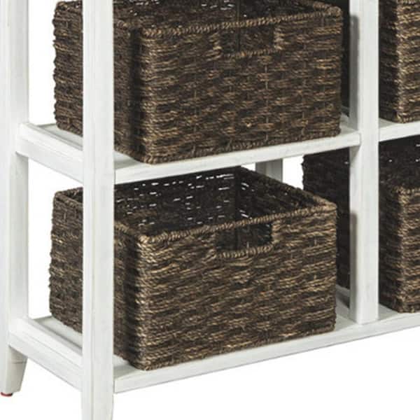 Benjara 32 In H White And Brown Wooden Console Sofa Table With Four Woven Storage Baskets Bm193780 The Home Depot - White Console Table With Storage Baskets Benjara 32 In H White And Brown Wooden Console Sofa Table With Four Woven Storage Baskets Bm193780 The Home Depot - White Console Table With Storage Baskets