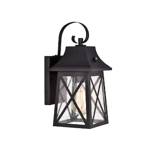 13.25 in. Outdoor Matte Black Motion Sensing Wall Sconce with Clear Seeded Glass Shade