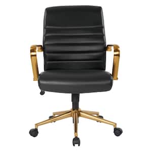 Mid-Back Black Faux Leather Chair with Gold Arms and Base