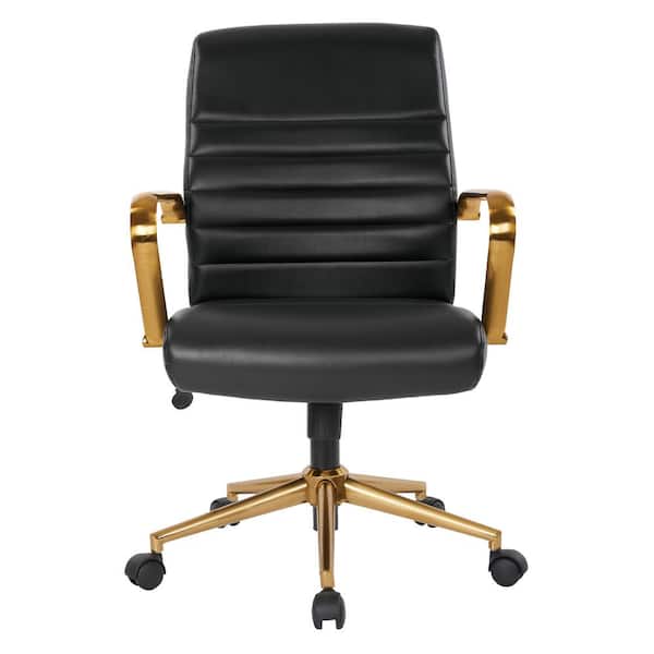 OSP Home Furnishings Mid-Back Black Faux Leather Chair with Gold Arms and Base