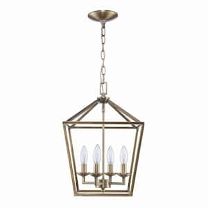 Weyburn 4-Light Brushed Brass Caged Farmhouse Dining Room Chandelier, Lantern Kitchen Pendant Lighting