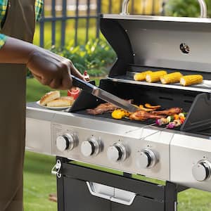 4-Burner Propane Gas Grill in Stainless Steel with Side Burner, Condiment Rack and Built-in Thermometer with Grill Cover