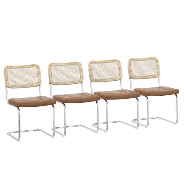 CSC DECOR INC Brown Faux Leather Upholstered Dining Chair Set of 4 with High-Density Sponge Rattan Side Chairs with Cane Back