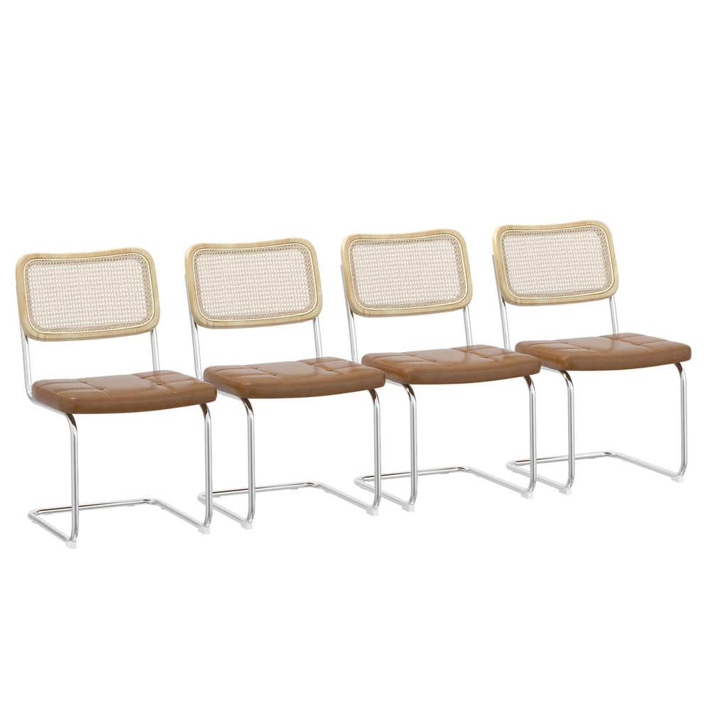 Brown Faux Leather Upholstered Dining Chair Set of 4 with High-Density Spon