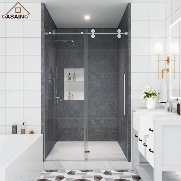 CASAINC 48 in. W x 76 in. H Sliding Frameless Shower Door in Brushed Nickel Finish with Clear Glass