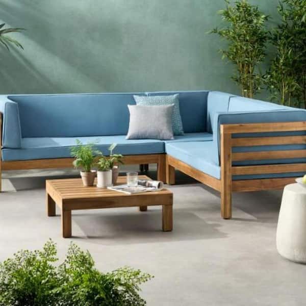 Blue 4-Piece Wood Patio Conversation Sectional Seating Set with Sunbrella Ocean Blue Cushions​