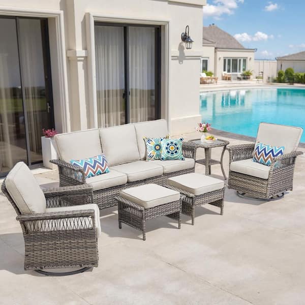 Buenaola Nyajiah 6-Piece Wicker Outdoor Patio Conversation Set with Beige Cushions