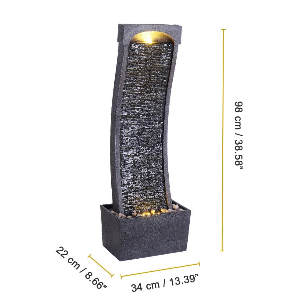 Modern Curved Black and Gray Slate Waterfall Fountain with LED Lights