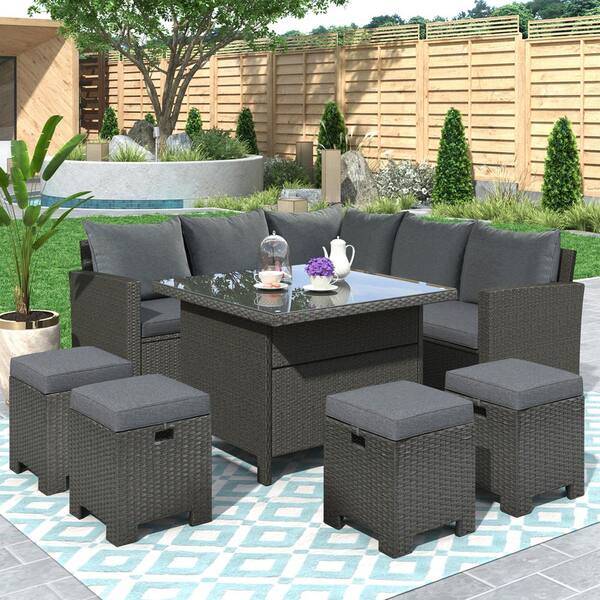 Wateday Outdoor 8-Piece Wicker Outdoor Patio Conversation Seating Set with Gray Cushions