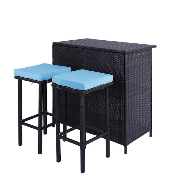 Miscool Anky Brown 3-Piece Wicker Rectangle 39 in. H Outdoor Serving Bar Set with Blue Cushions, Dining Bistro Set