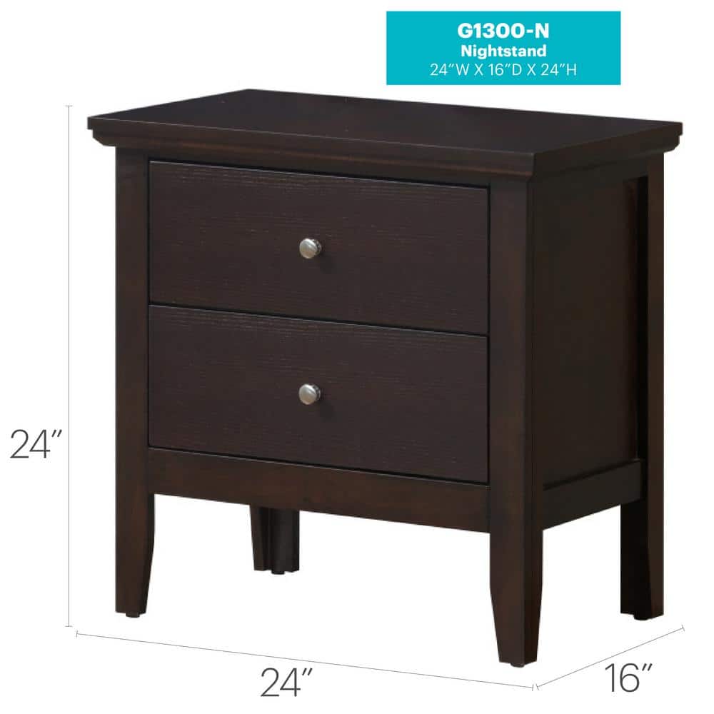 Espresso Solid Wood 2-Drawer Nightstand with Nickel Handles